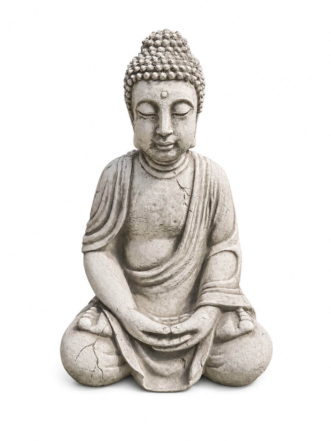 Szoborszerű Buddha figura ülő pózban, kőszürke felülettel, csukott szemekkel, fejen gyöngysor dísz.